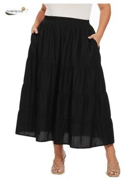 Plus Size Cotton Tiered Maxi Skirt with Pockets High Elastic Waist A-Line
